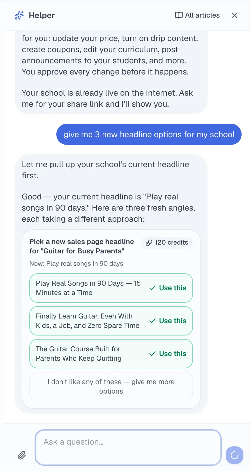 The TeachClub assistant proposing three headline options with apply buttons